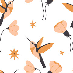 Seamless pattern with hummingbirds, stars and flowers - 510890870
