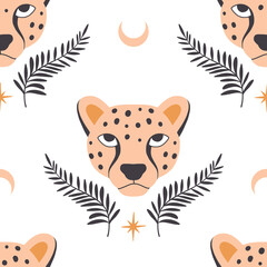 Simple hand drawn cheetah heads and plants seamless pattern