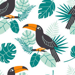 Toucan with palm leaves seamless pattern