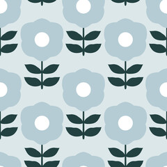 Geometric simple mid century seamless pattern with blue flowers