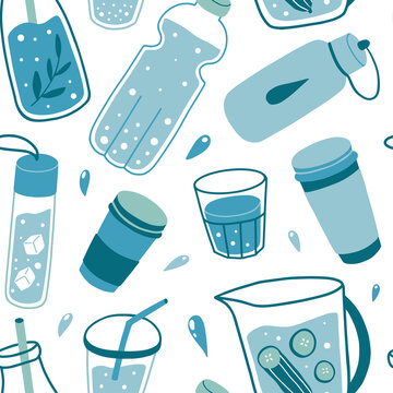 Drinking water seamless pattern with bottles, glass, flask. Stay hydrated concept. Flat hand drawn illustration. Healthy lifestyle daily habits, wellness, morning rituals