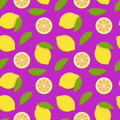 Seamless pattern with lemons and leaves. Vector illustration background or wallpaper for textile