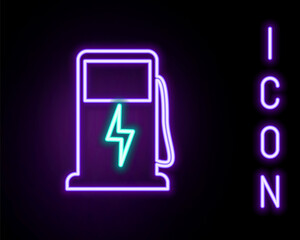 Glowing neon line Electric car charging station icon isolated on black background. Eco electric fuel pump sign. Colorful outline concept. Vector