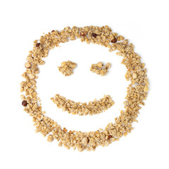 crunchy granola breakfast on white background, top view