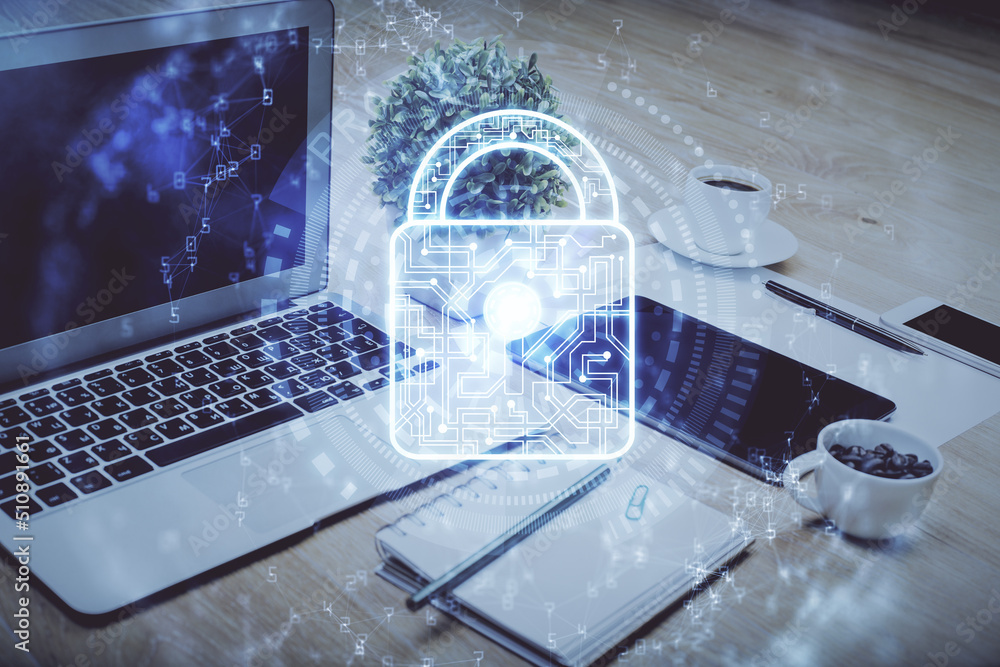 Poster Double exposure of desktop with computer and lock icon hologram. Concept of data safety.