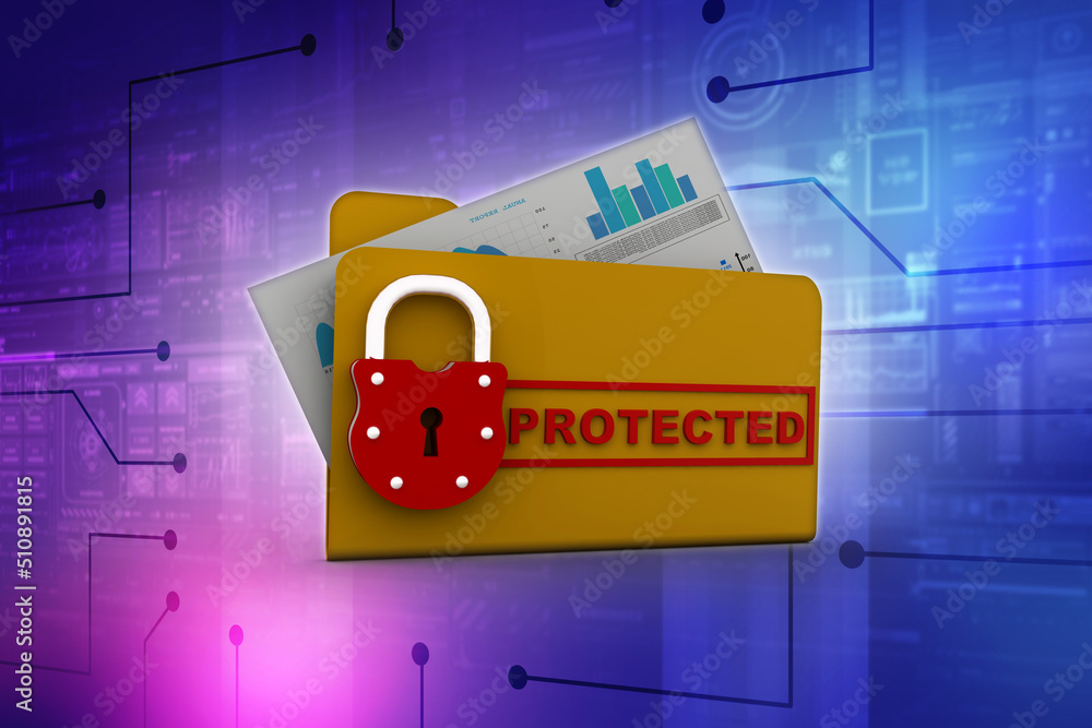 Poster yellow folder and lock. data security concept. 3d rendering