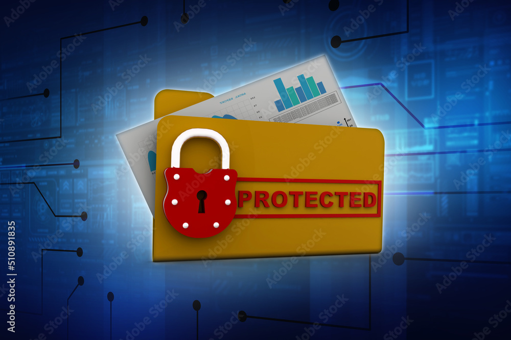Poster yellow folder and lock. data security concept. 3d rendering