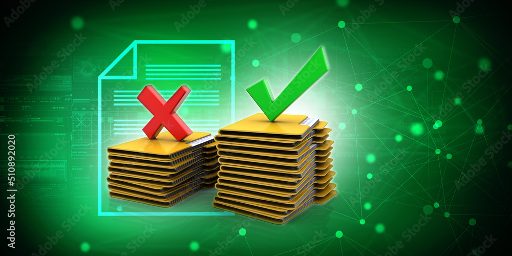 Poster 3d rendering file folder with wrong sign and green check mark