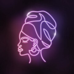 Neon face of a Afro woman in a modern abstract minimalist one line style. African girl illumination. Continuous simple linear futuristic electric light design. 
