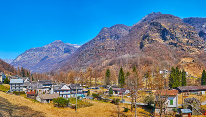 Panorama of Gerra settlement and Lepontine Alps, Valle Verzasca, Switzerland