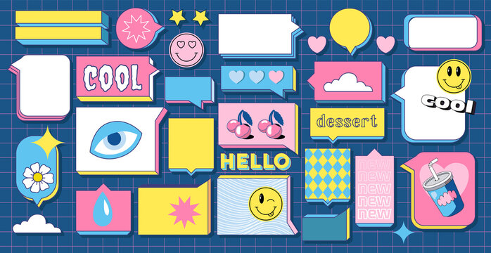 Naklejka Set of talk bubble text, chat box, in retro style with drawing elements on a color background. Stickers emoji and other things. Text block in doodle balloon and message window. 