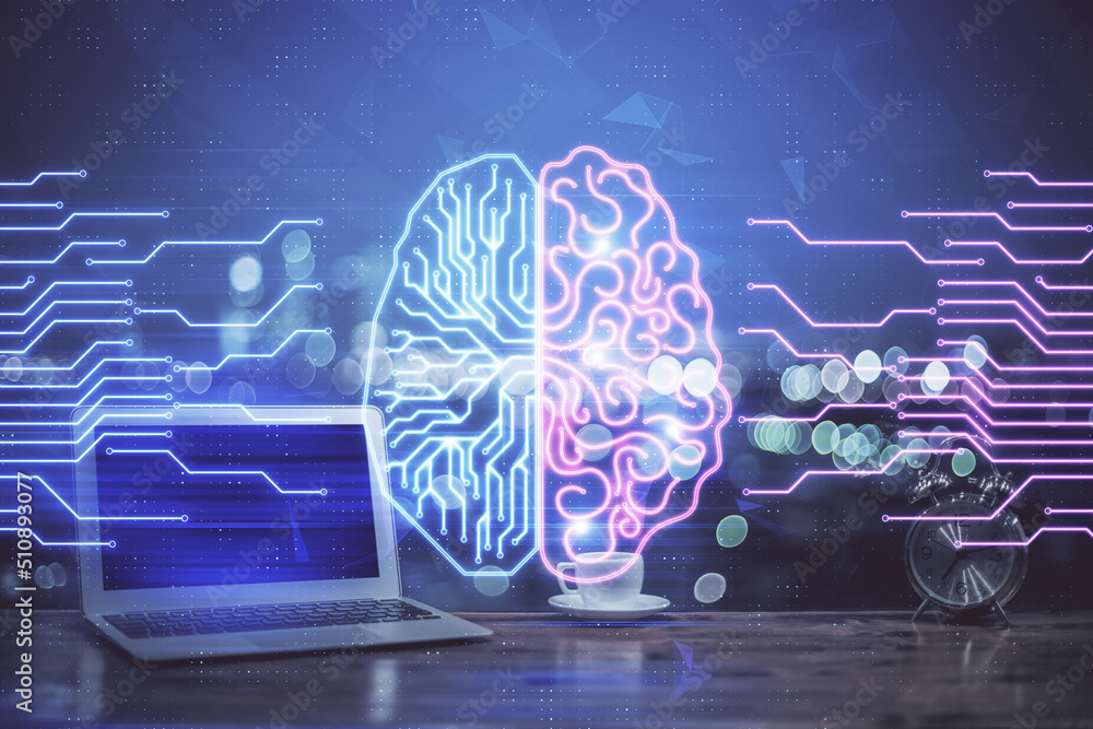 Poster Double exposure of work table with computer and brain sketch hologram. Brainstorming concept.
