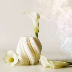 Elegant white wax candle and calla flowers.
