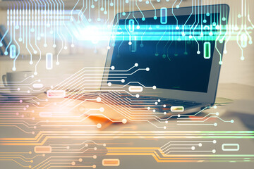 Double exposure of computer and technology theme drawing. Concept of innovation.