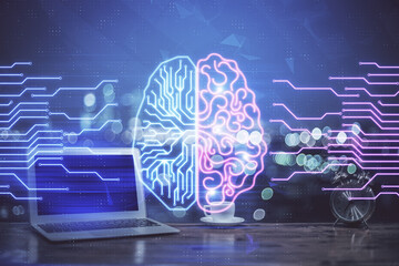 Double exposure of work table with computer and brain sketch hologram. Brainstorming concept.