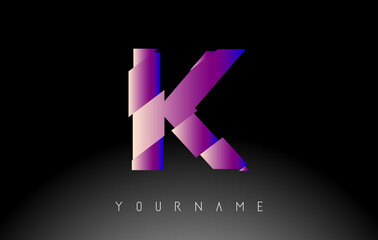 Letter K with abstract sliced effect logo design. Creative vector illustration with vibrant blue and pink gradient color.