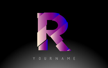Letter R with abstract sliced effect logo design. Creative vector illustration with vibrant blue and pink gradient color.