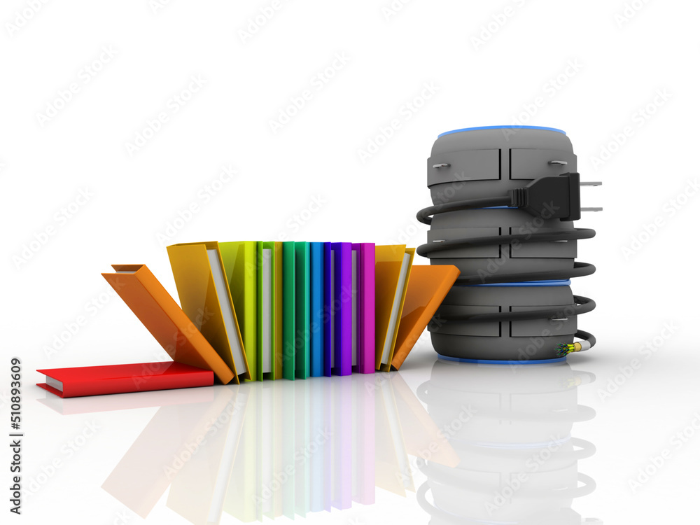 Poster 3d rendering book with database connected mobile charging cable