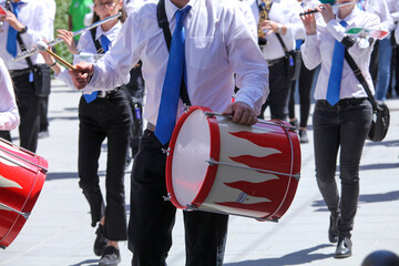 city bands with instruments for fanfare and military musician marches