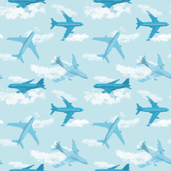 seamless digital pattern of blue airplanes
