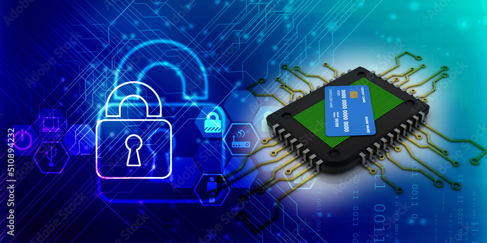 Poster 3d rendering debit card on microchips