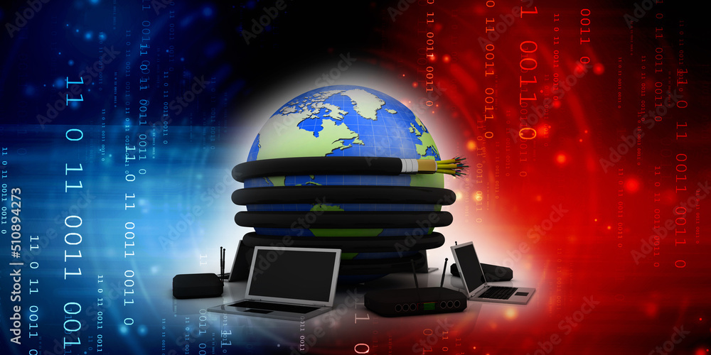 Poster 3d rendering fiber optical cable detail with computer modem network