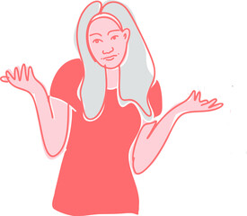 The girl spreads her hands in an apologetic gesture. The woman apologizes for not being able to help. Flat vector illustration. - obrazy, fototapety, plakaty