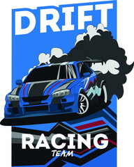 Drift car, smoke from under the wheels, realistic vector illustration for sticker, badge or poster