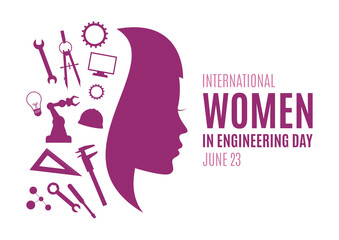 International Women in Engineering Day vector. Woman face in profile purple silhouette vector on a white background. Female engineer design element. Engineering icon set vector. June 23. Important day