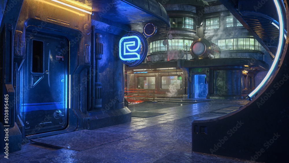 Poster dark alleyway in a futuristic cyberpunk city at night with neon lights on the buildings. 3d renderin