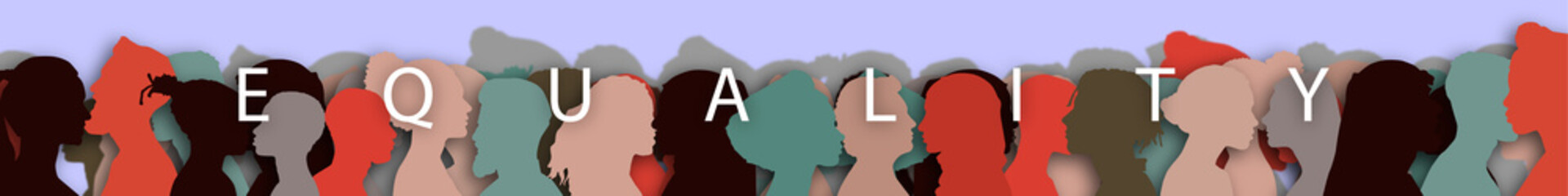 Word - Equality. Silhouette profile group of men and women of diverse culture. Diversity multi-ethnic and multiracial people. Concept of racial equality and anti-racism. Multicultural society. 
