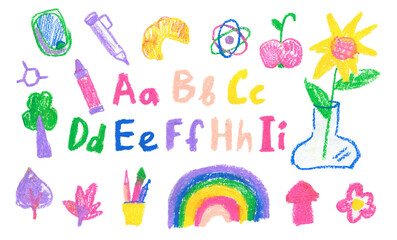 Set of illustrations for the day of knowledge drawn with wax crayons. A collection of children's images in doodle style with oil pastels. Designs for stickers, posters, postcards.