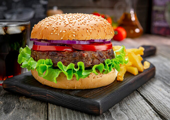 Grilled beef burger with tomatoes, onions and fried potatoes