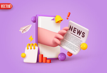 Smartphone Online news from social media and internet. Mobile news business conceptual creative idea. Hand takes paper news newspaper from phone. Realistic 3d cartoon design. vector illustration