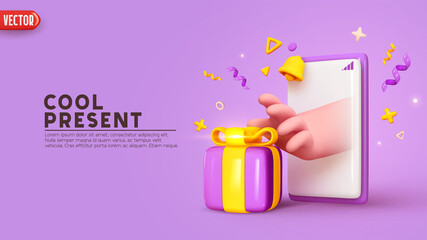 Hand from mobile phone screen reaches for gift box. From Smartphone screen hand takes gift. Business concept creative ideas realistic 3d design. Soft purple color. Holiday present. Vector illustration