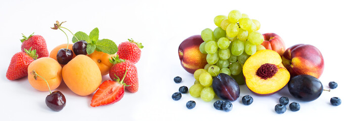 Banner. Closeup on fruit and berry on the white background.
