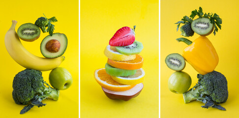 Collage of pyramid of chopped fruit and vegetable  in balance on the yellow background. Close-up.