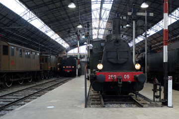 Locomotiva a vapore e vecchi treni in stazione