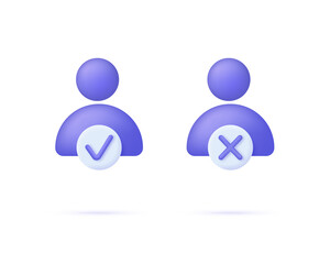 3d User icon and check and cross marks isolated on white background. Avatar, human, person, people icon. People illustration sign collection. Can be used for many purposes. Vector in 3d style