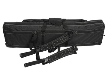 Soft black weapon case with extra pockets. Bag for storing and transporting weapons. Isolate on a white back.