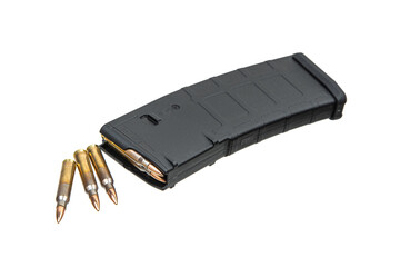 Cartridges and clips for a rifle or carbine. Ammunition for weapons. Isolate on a white back.