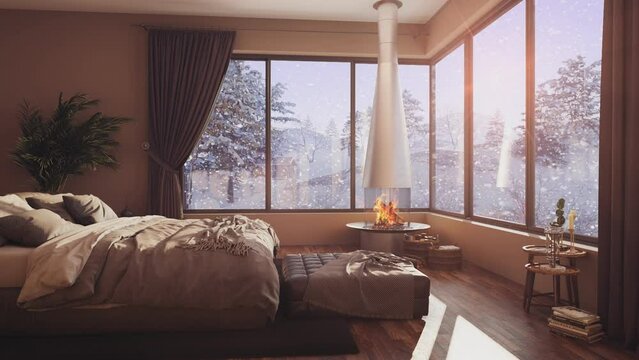 A hotel room with a bed and a large window with winter bacground 4k