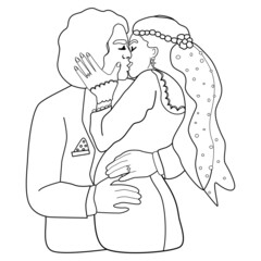 Kissing couple isolated on white background. Bride and groom  colouring page. Wedding postcard.