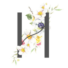 Watercolor Grey  Spring Floral Alphabet letter H with flowers. Easter botanical Floral letter element for baby shower invite, Monogram for wedding, logo, frame art, poster, new baby name printable