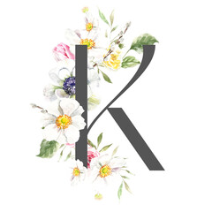 Watercolor Grey  Spring Floral Alphabet letter K with flowers. Easter botanical Floral letter element for baby shower invite, Monogram for wedding, logo, frame art, poster, new baby name printable