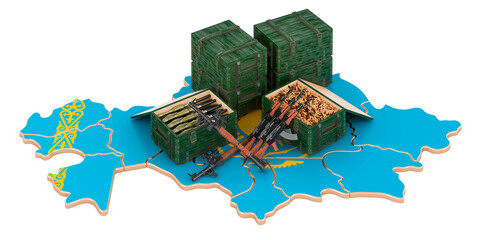 Kazakh map with weapons. Military supplies in Kazakhstan, concept. 3D rendering