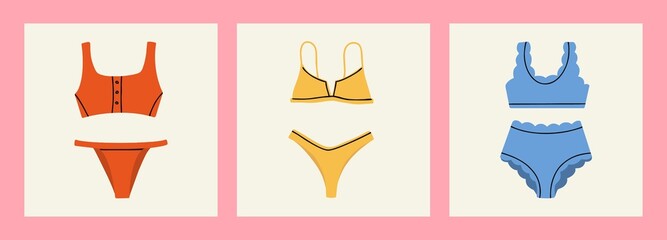 Fototapeta na wymiar Summer isolated fashion items. Minimalistic simplified vector illustration. Different types of swimwear for the beach.