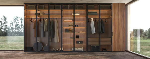 Luxury modern interior design large wooden wardrobe with clothes hanging on rail in walk in closet and shelf lighting