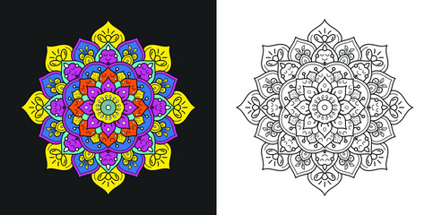 Mandala flower decoration vector hand-drawn doodle, Vector geometric floral pattern, Bright colours, Isolated, Illustration on doodle style
