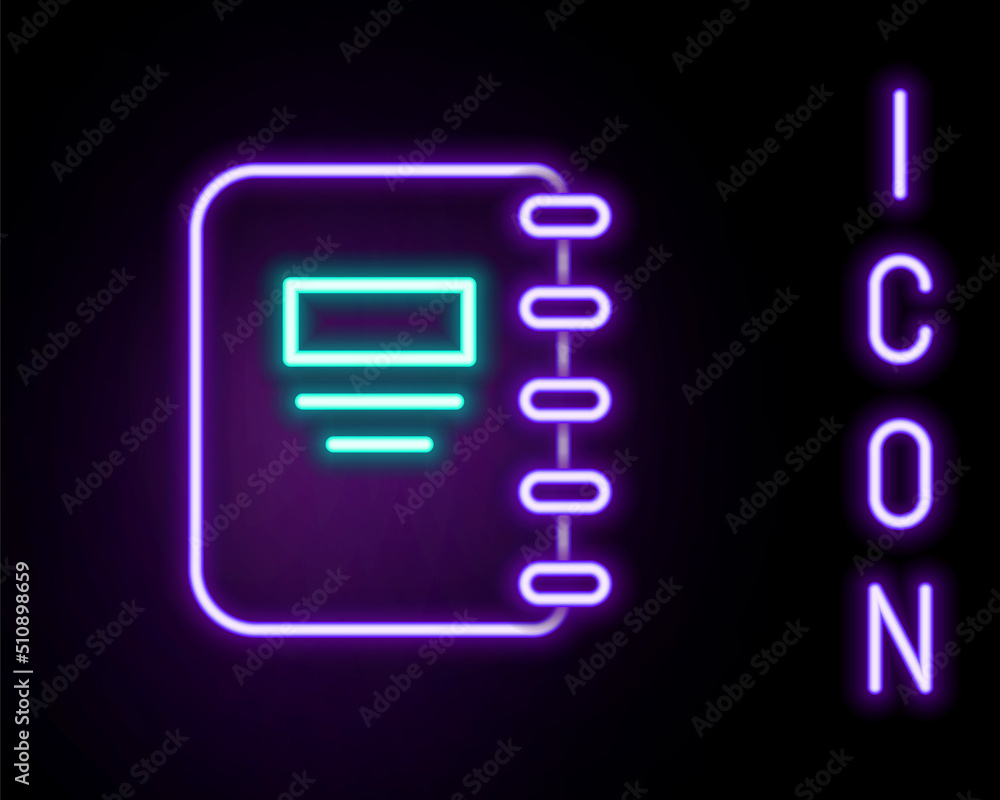 Poster glowing neon line notebook icon isolated on black background. spiral notepad icon. school notebook. 